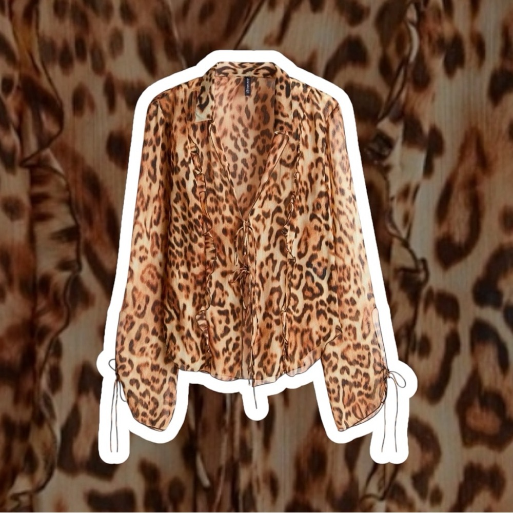 NWT H&M Plus Size 4X Sheer Leopard Print Blouse with Tie Closures